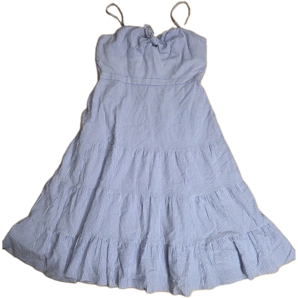 J.Crew Blue White Striped Seersucker Tiered Midi Dress 14 Cotton Bow Front